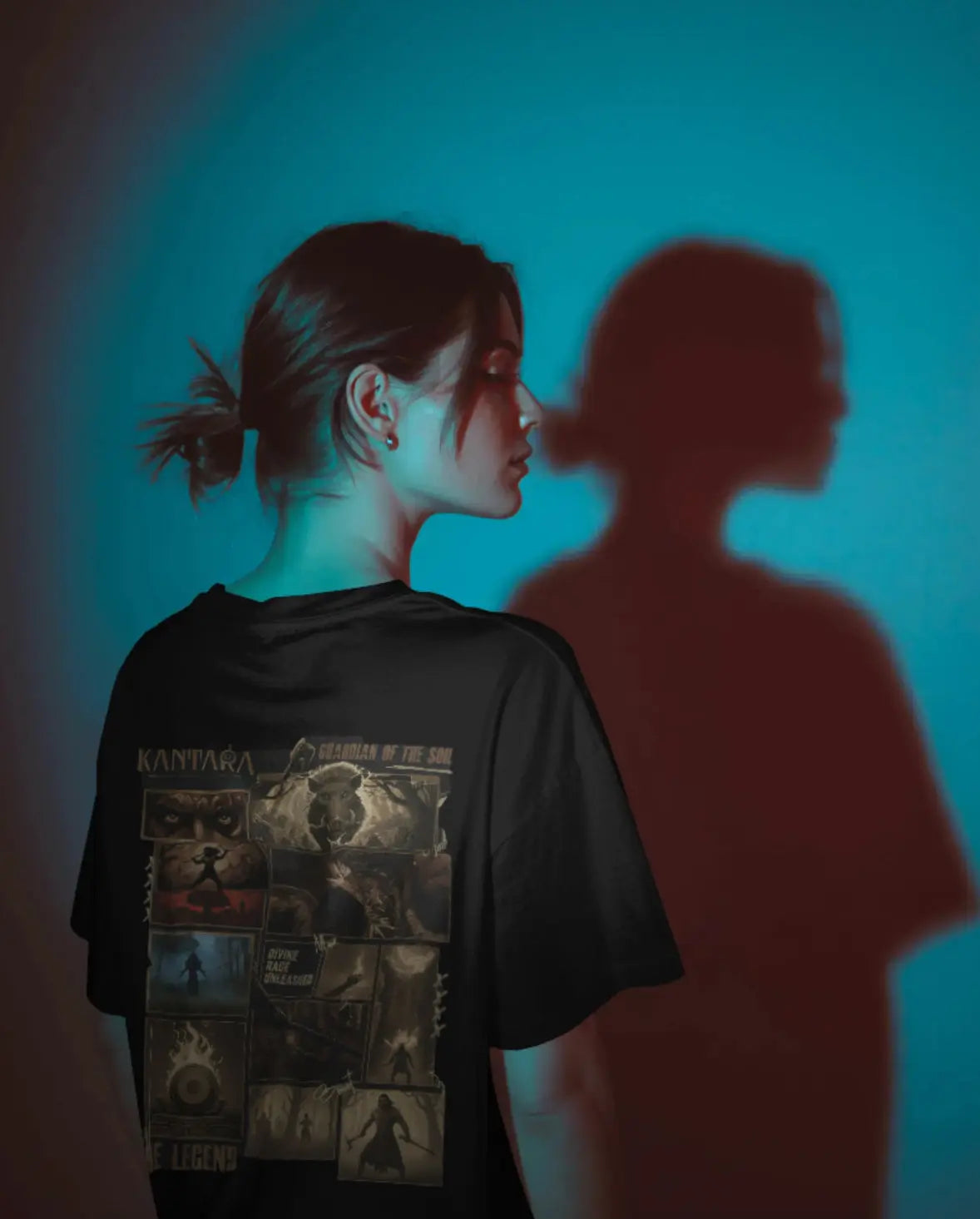 Girl wearing a black Kantara oversized tshirt mockup
