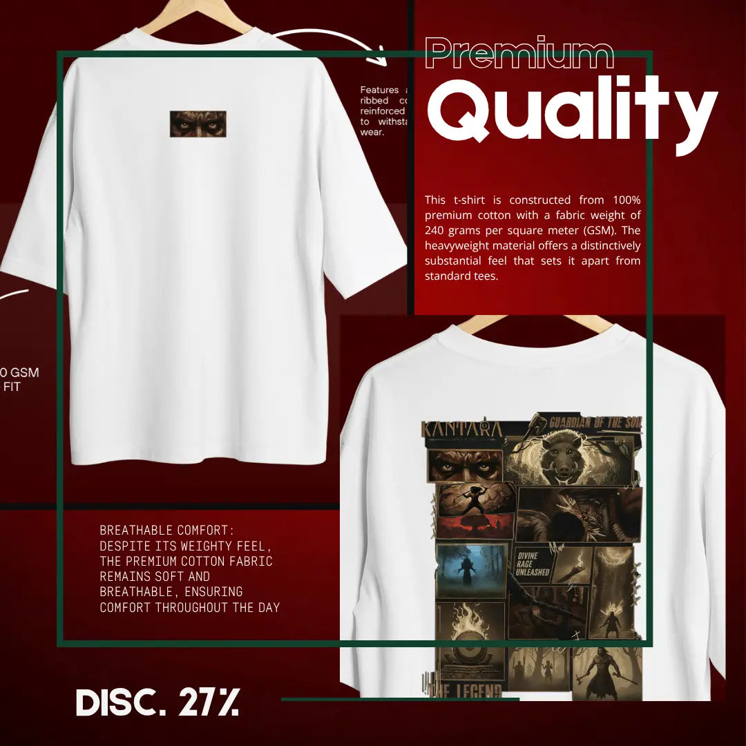 “Front and back view of the Baison Tribe Kantara-themed oversized t-shirt in white, made from premium 240 GSM cotton, featuring ‘Guardian of the Soul’ and ‘Divine Rage Unleashed’ graphics.”